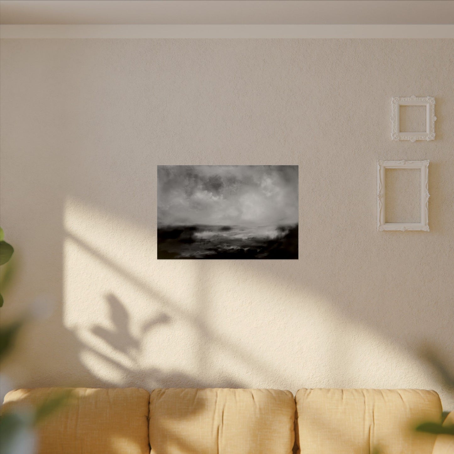 Watercolor Seascape Poster - Textured Matte Black & White Coastal Wall Art