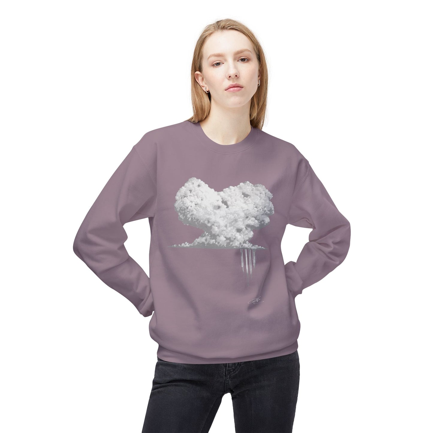 Cloud Heart Crewneck Sweatshirt — Minimal Grayscale Heart Cloud Graphic