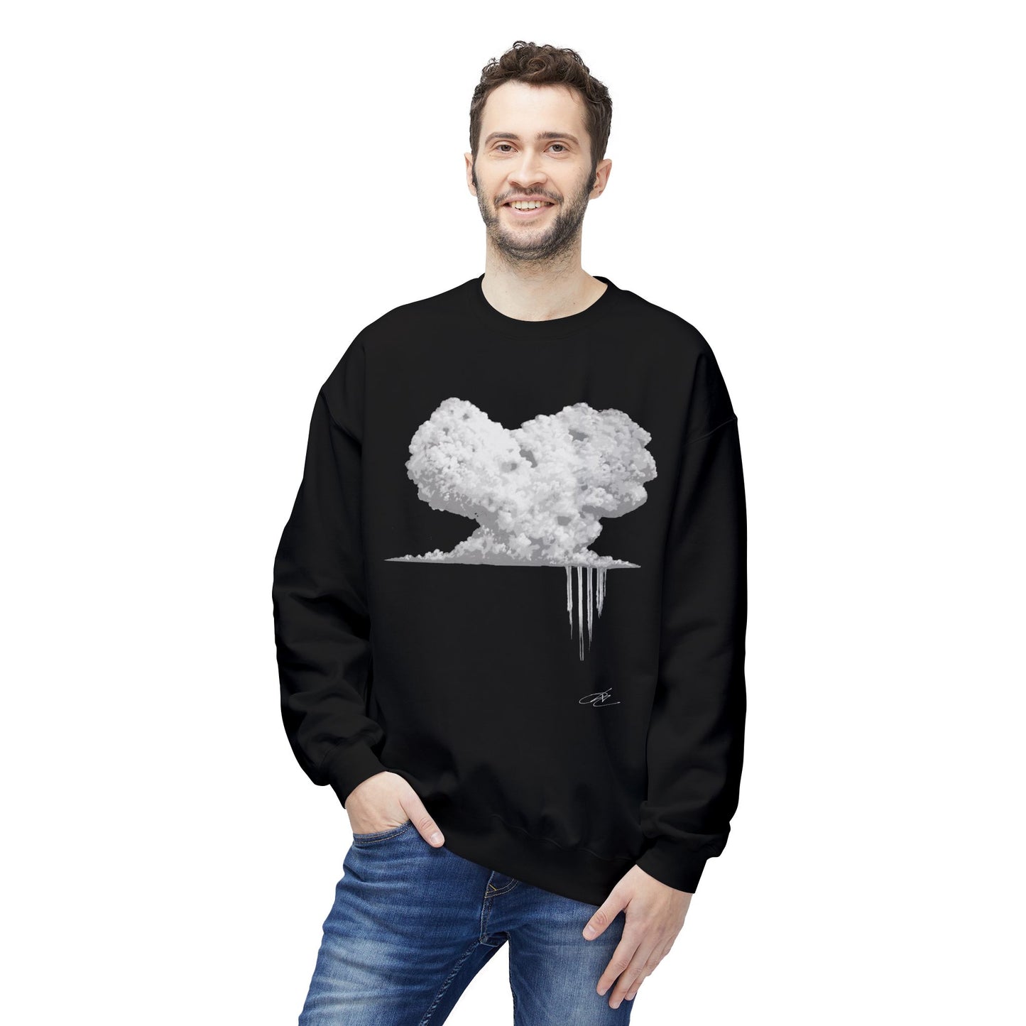 Cloud Heart Crewneck Sweatshirt — Minimal Grayscale Heart Cloud Graphic