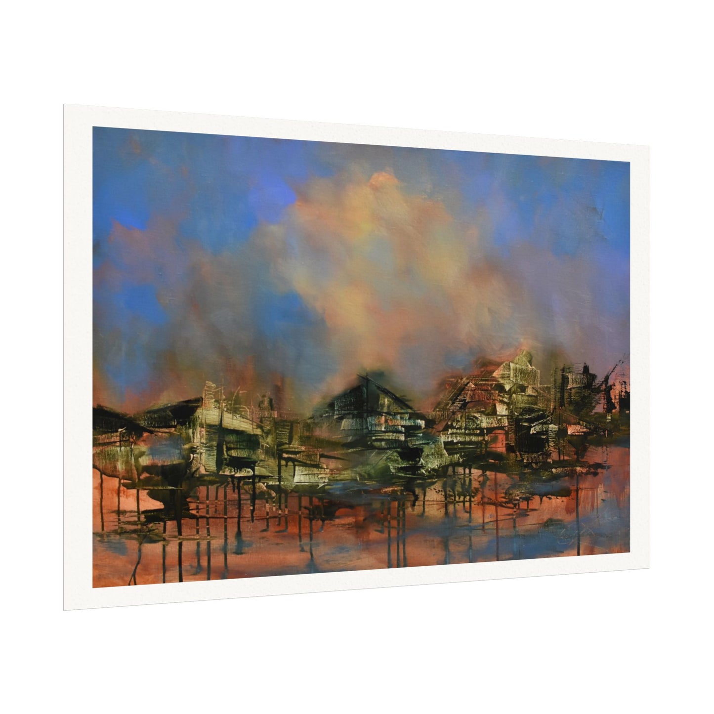 Textured Watercolor Matte Poster — Abstract Coastal Town Landscape Print