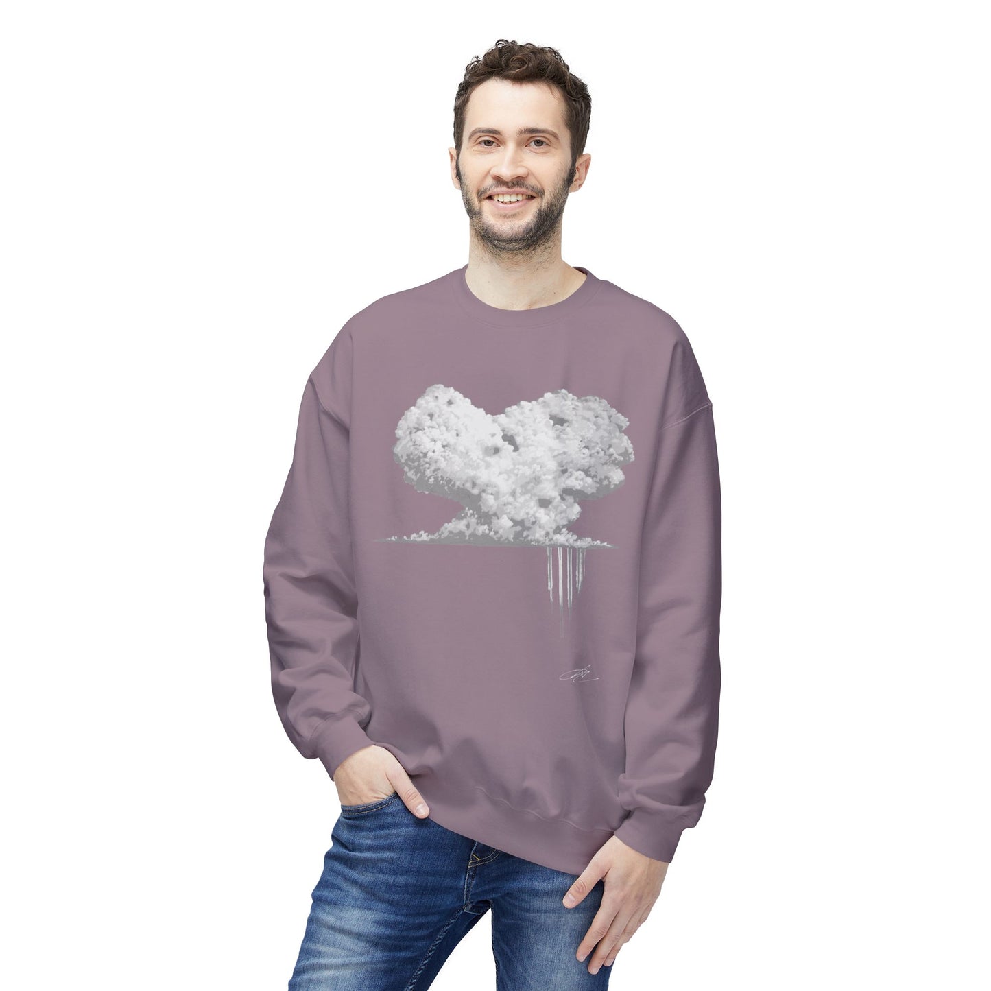 Cloud Heart Crewneck Sweatshirt — Minimal Grayscale Heart Cloud Graphic