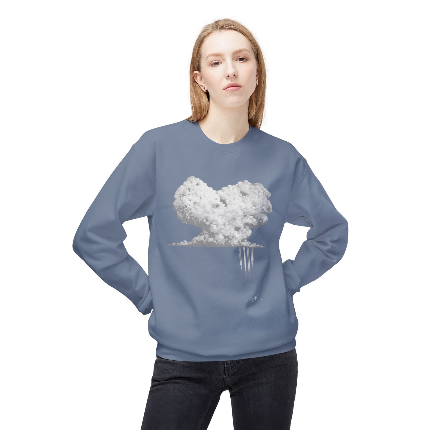 Cloud Heart Crewneck Sweatshirt — Minimal Grayscale Heart Cloud Graphic