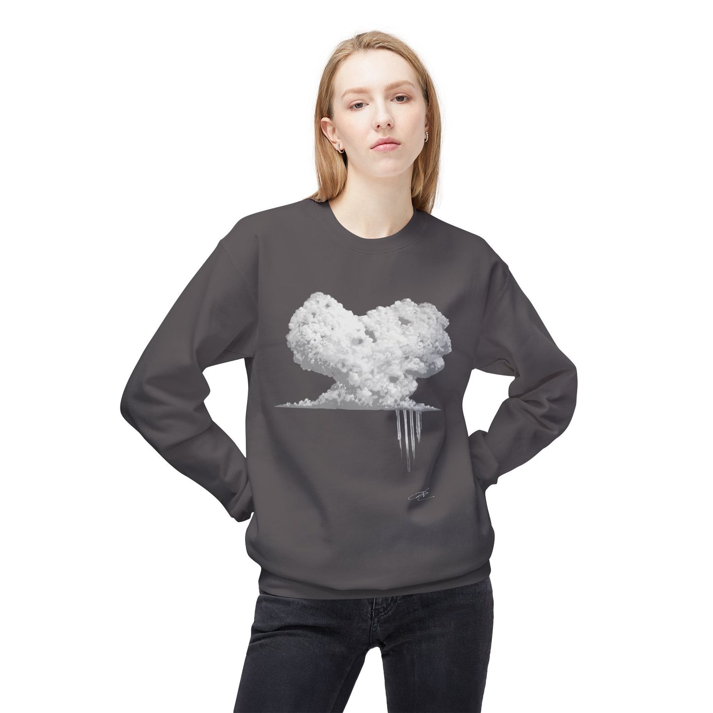 Cloud Heart Crewneck Sweatshirt — Minimal Grayscale Heart Cloud Graphic