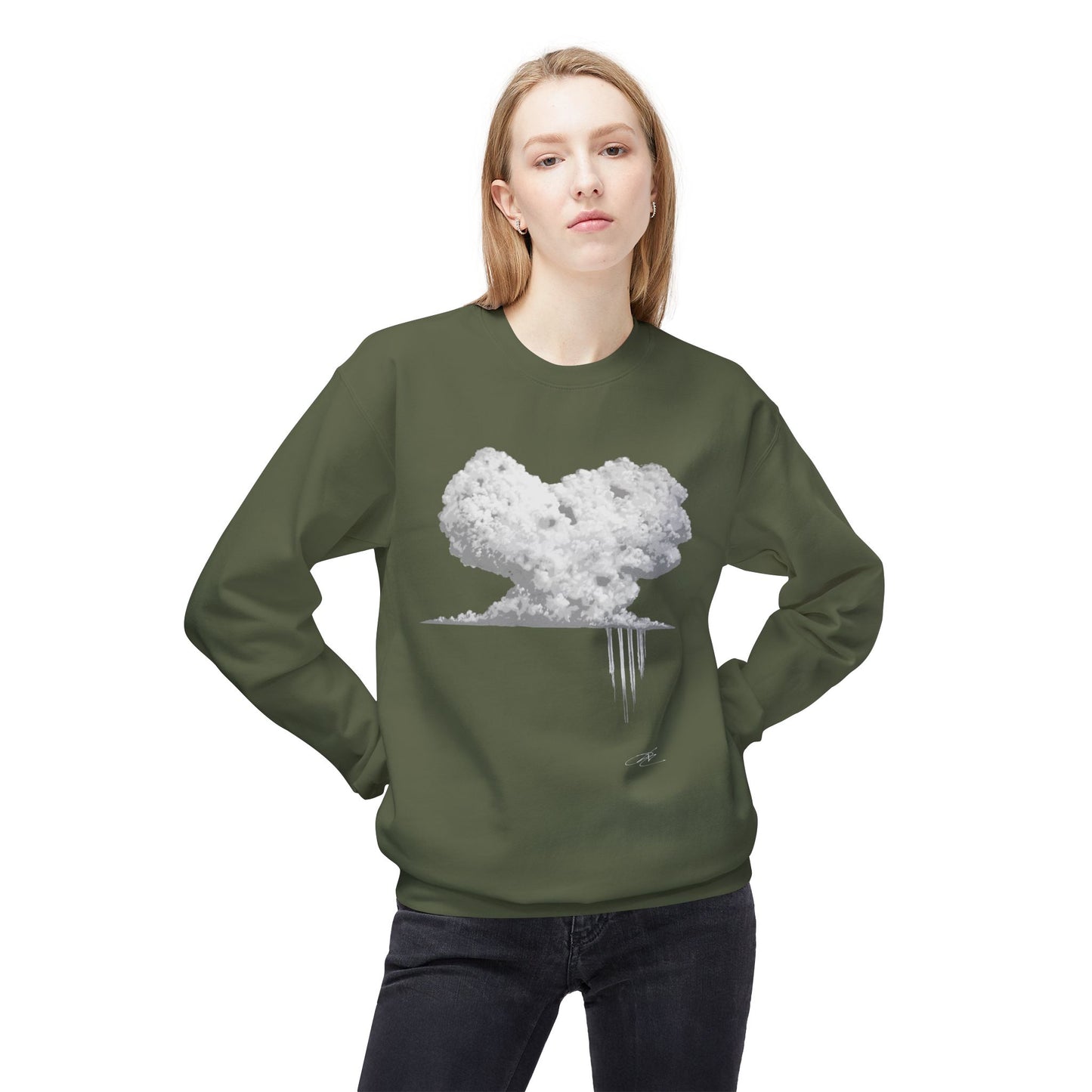 Cloud Heart Crewneck Sweatshirt — Minimal Grayscale Heart Cloud Graphic