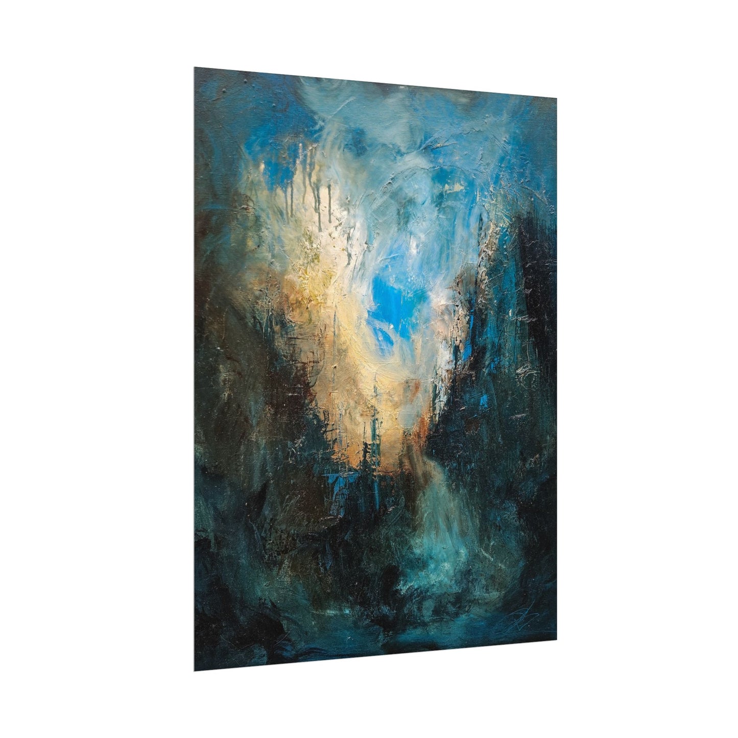 Abstract Watercolor Matte Poster — Deep Teal & Gold Textured Wall Art