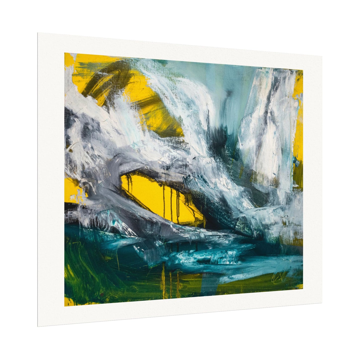 Abstract Textured Watercolor Matte Poster — Blue, Green & Yellow Modern Wall Art