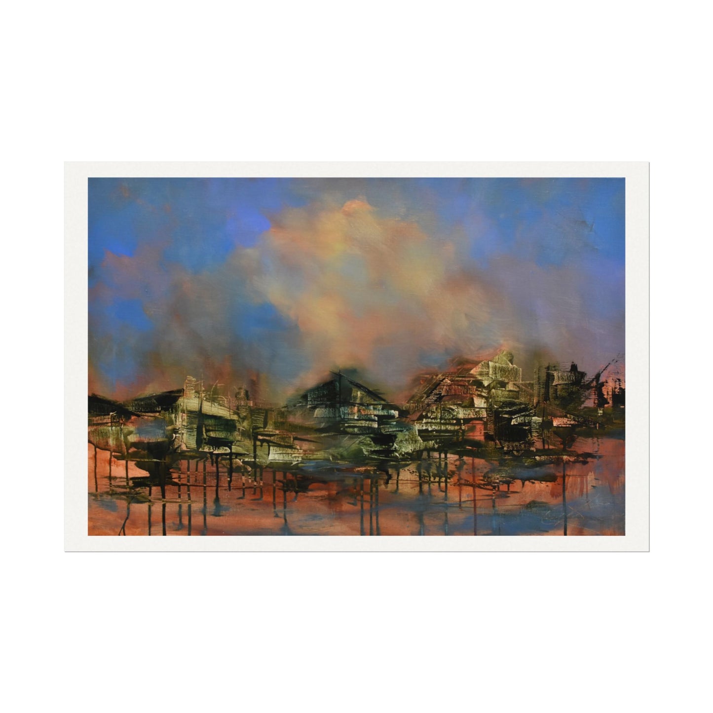 Textured Watercolor Matte Poster — Abstract Coastal Town Landscape Print