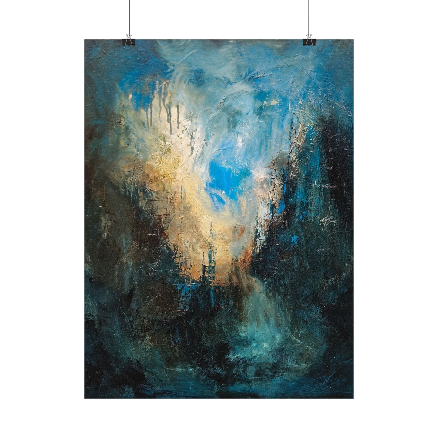 Abstract Watercolor Matte Poster — Deep Teal & Gold Textured Wall Art