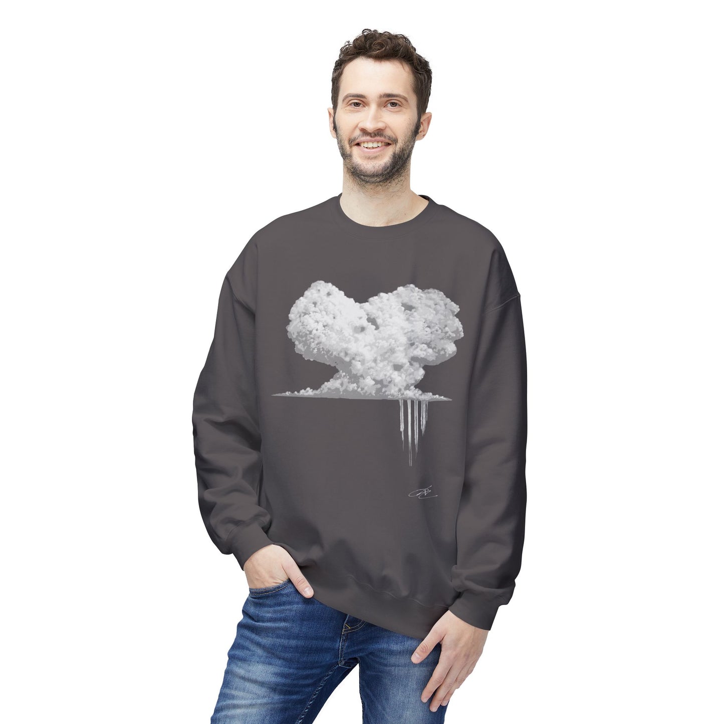 Cloud Heart Crewneck Sweatshirt — Minimal Grayscale Heart Cloud Graphic