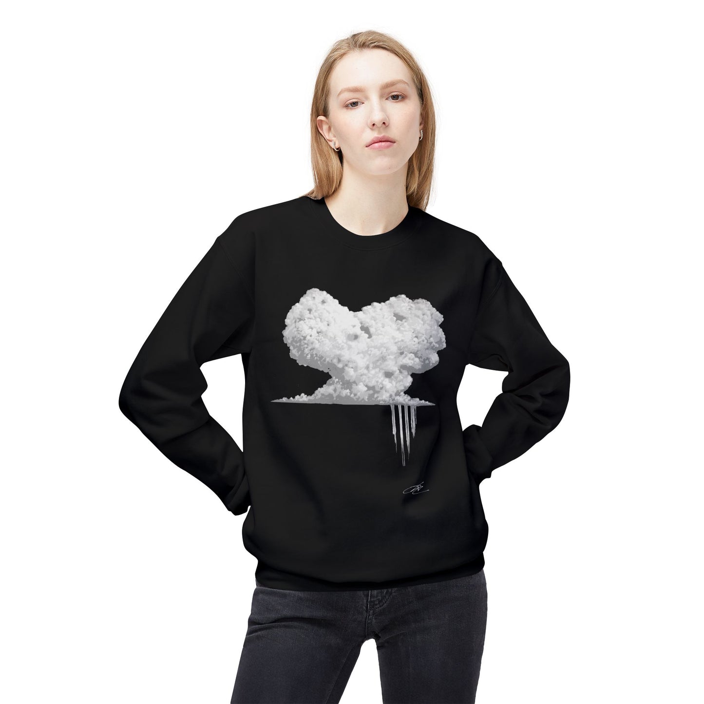 Cloud Heart Crewneck Sweatshirt — Minimal Grayscale Heart Cloud Graphic