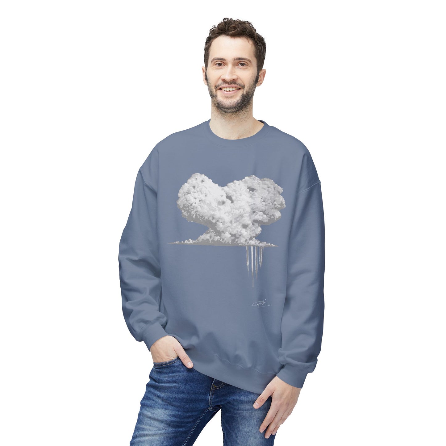 Cloud Heart Crewneck Sweatshirt — Minimal Grayscale Heart Cloud Graphic